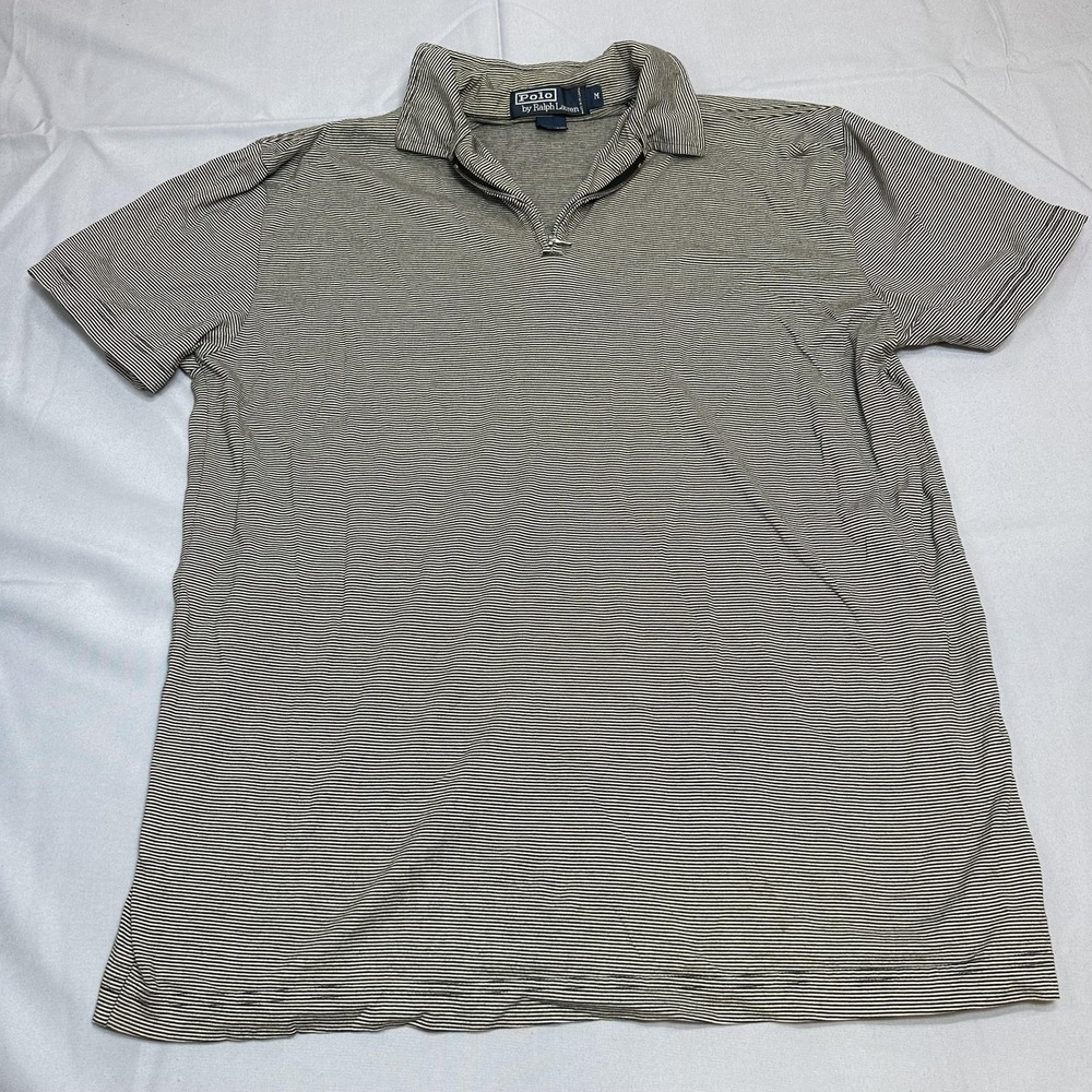 Polo Ralph Lauren Polo Shirt Mens Medium Gray Stripe Fine Cotton 1/4 Zip Jersey